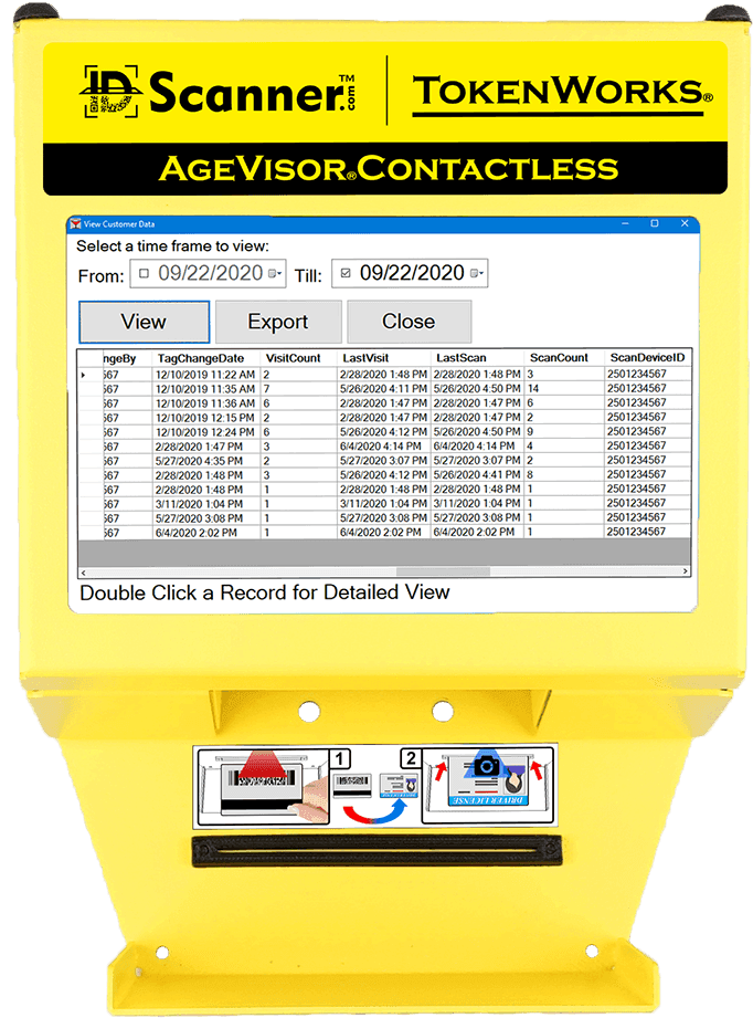 AgeVisor Contactless with screen displaying list of customers and visit count for each