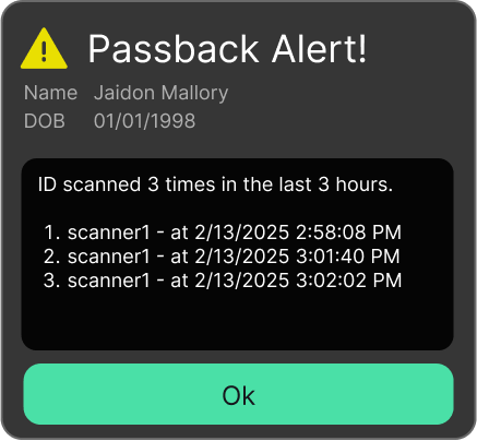 Anti-Passback feature showing a Passback Alert for ID scanners by TokenWorks