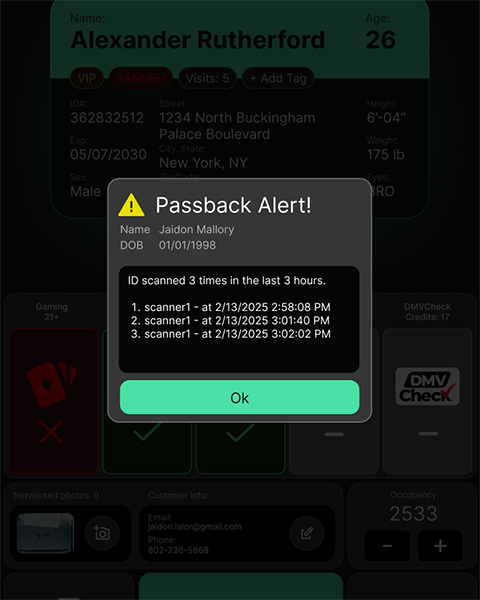Anti-Passback feature showing a passback alert popup for ID scanners by TokenWorks